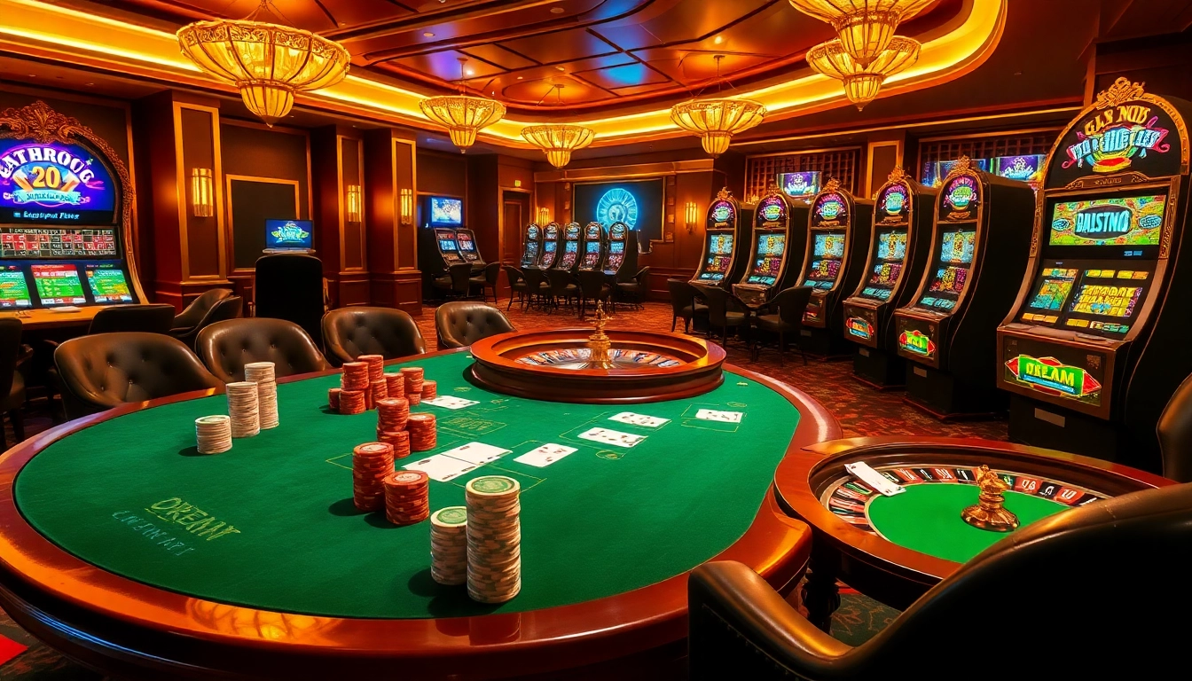Experience the excitement of gambling with Giải mã giấc mơ-themed casino visuals, featuring poker chips and roulette wheels.