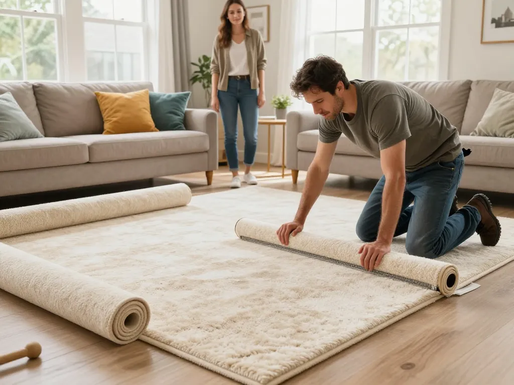 Home carpet fitting services being expertly applied in a bright living room with stylish decor.