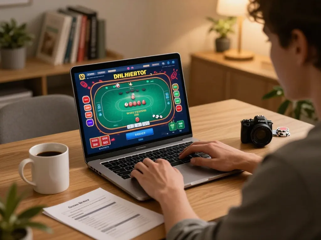 Sun win player engaged in online poker action at home desk with laptop and strategy notes