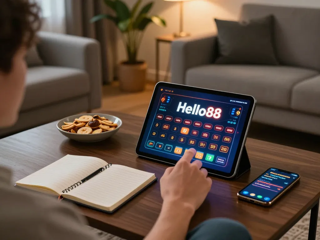 Hello88 player engaging with online casino on tablet in a cozy home setting