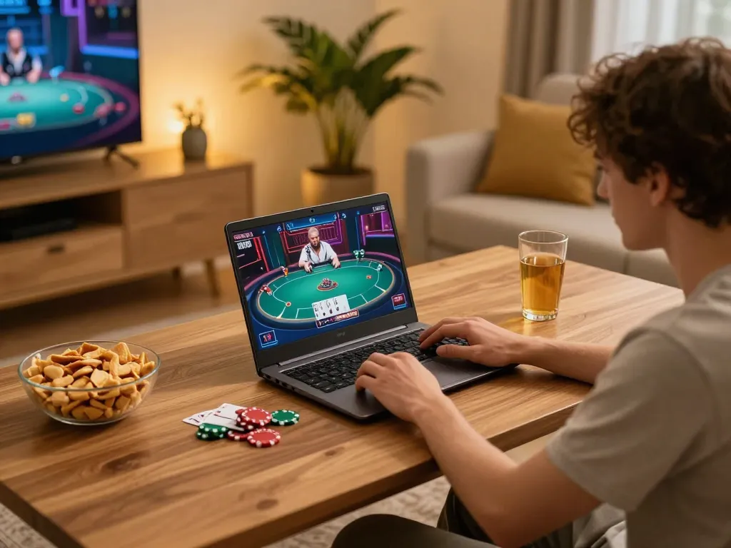 Engaging online gaming session on https://www.mnm88.com/ showing a laptop poker game and cozy home setup.