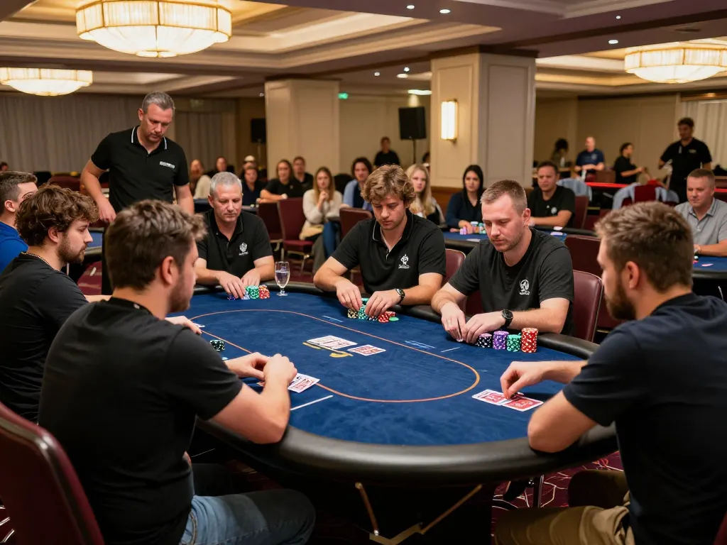 Players strategizing their hands at a poker table during a 7m tournament in an upscale casino.