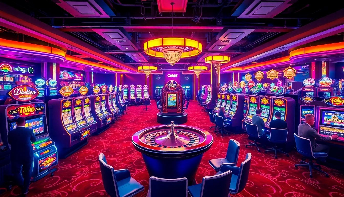Engaging gaming atmosphere at RR88 casino with players enjoying vibrant slot machines.