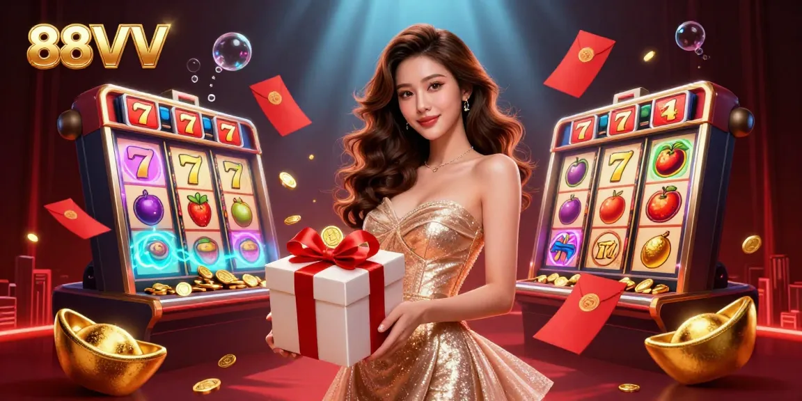 Experience 88VV's exciting gaming atmosphere with an enchanting woman celebrating casino wins amidst festive decorations.