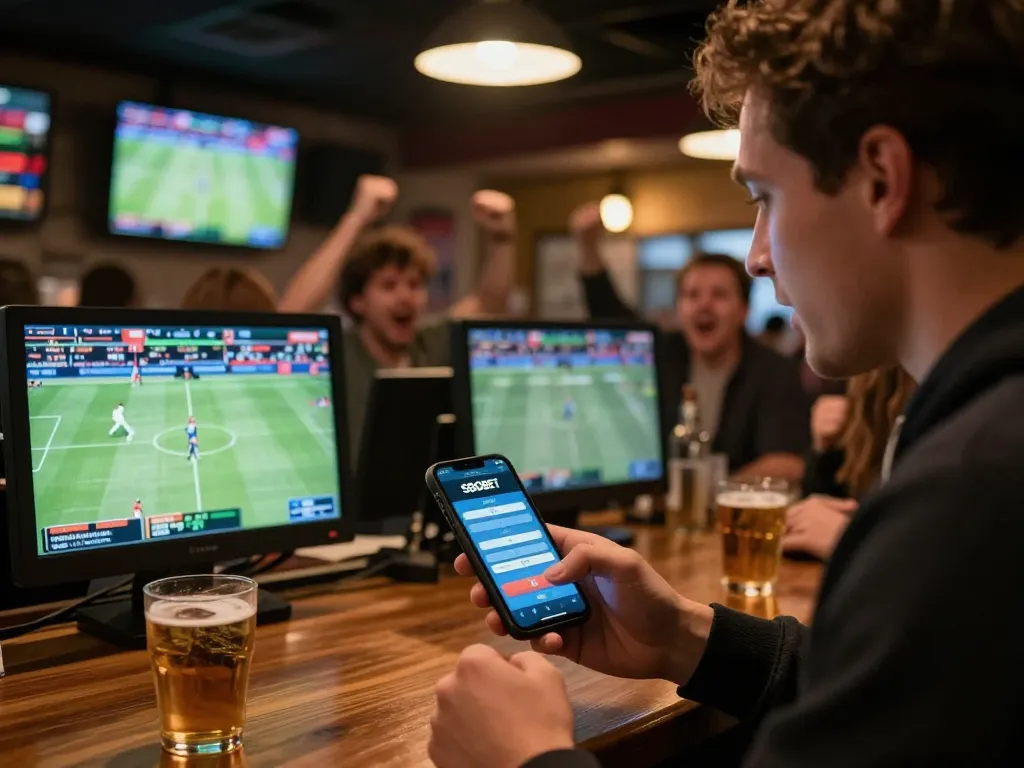 SBOBET user engaging in live sports betting at a lively bar with friends, excitement captured.