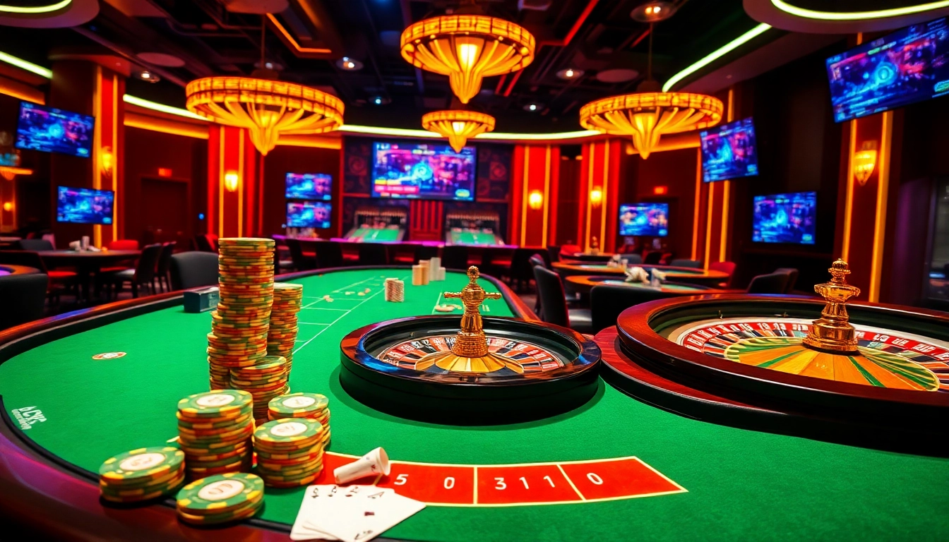 Engage with KJC's thrilling casino experience featuring vibrant roulette wheels and poker tables.