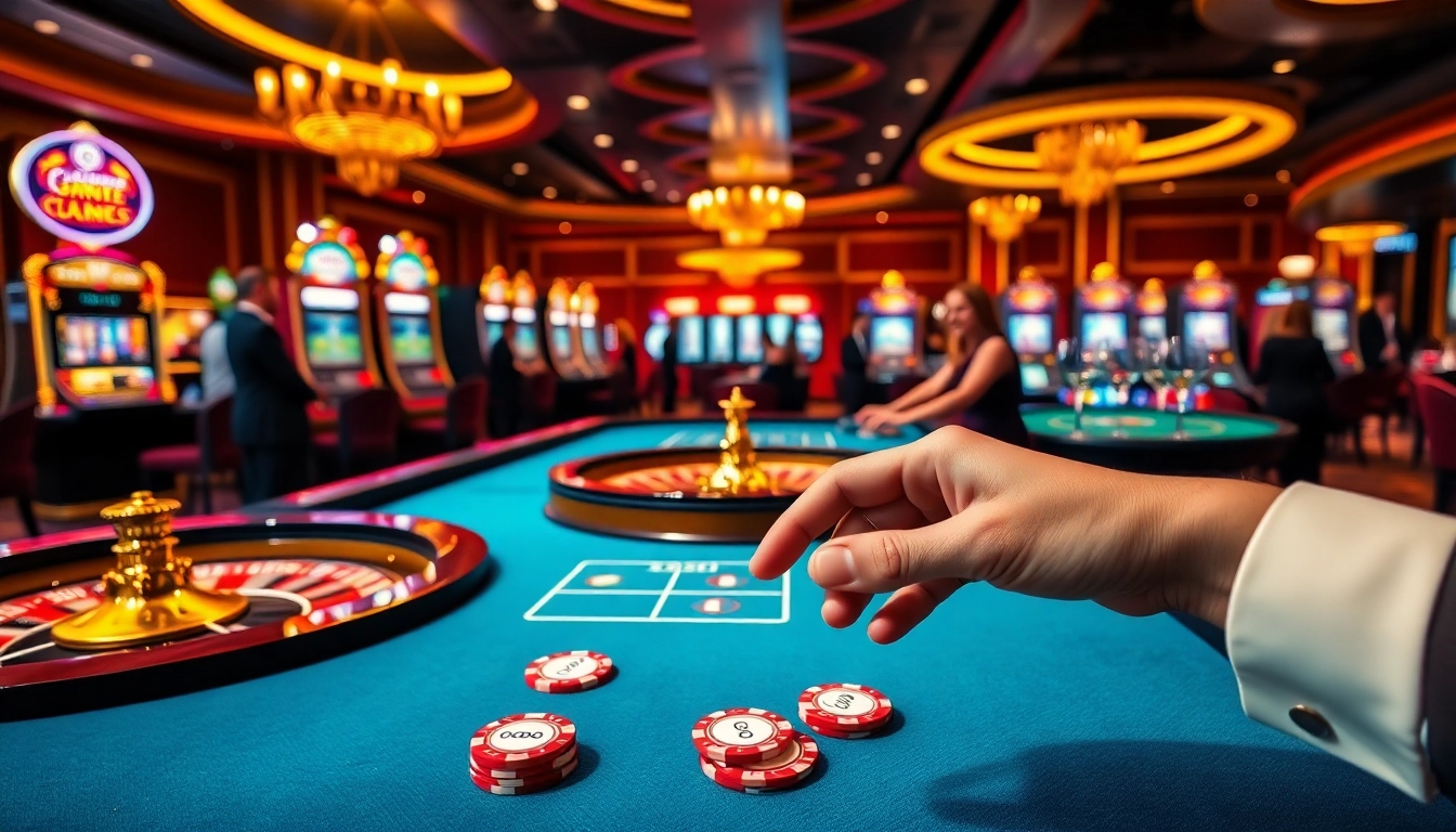 A thrilling casino scene with players engaging in go88 poker, luxurious ambiance and vibrant betting activity.