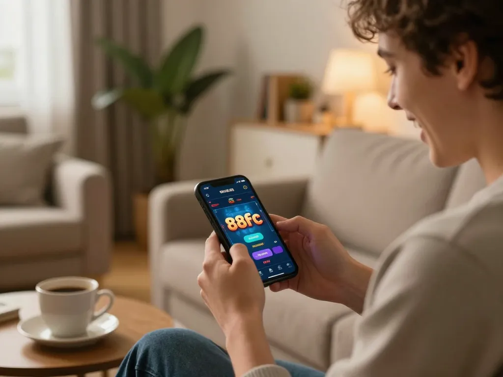 Engaged player experiencing 88fc online betting on a smartphone in a cozy living room.