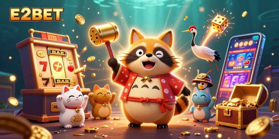 E2BET offers dynamic casino excitement with a colorful scene showcasing joyful characters and slot games.