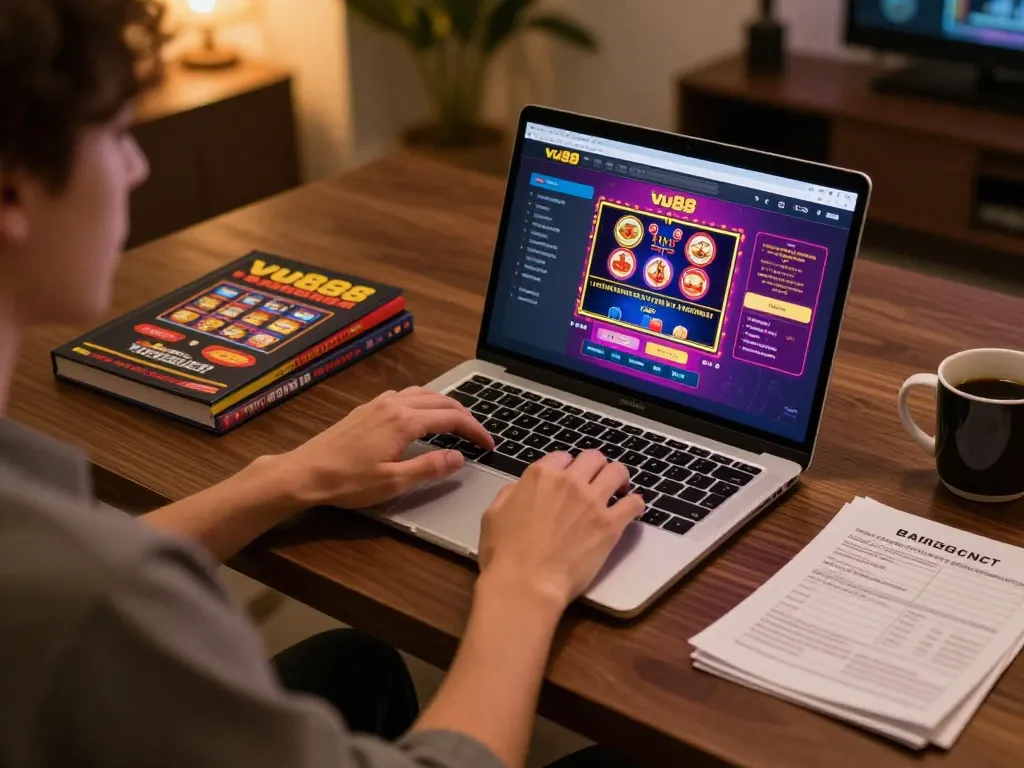 Enjoying a winning moment on vu88 online casino with vibrant game interface and strategy notes