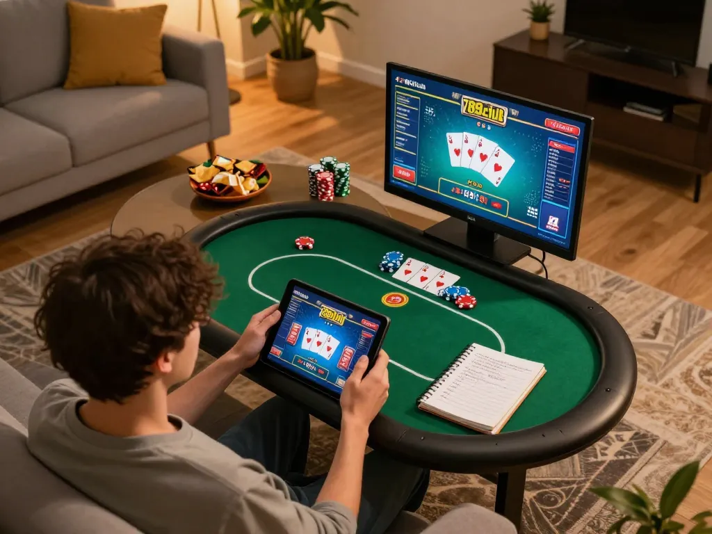 Engaging at 789club, a player enjoys poker on a tablet in a cozy living room setting, showcasing responsible gambling.
