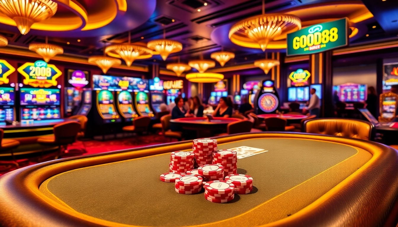 Engaged players at a luxurious GOOD88 casino table with vibrant cards and chips.