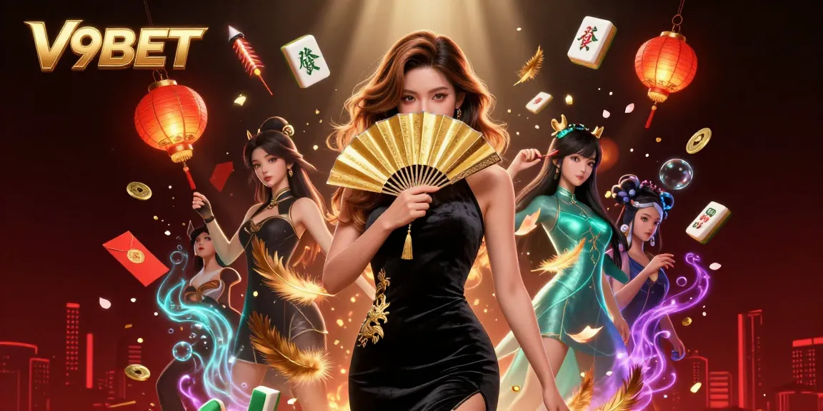 Experience the thrill of V9BET with a stunning casino illustration showcasing Asian elegance amidst vibrant gaming elements.