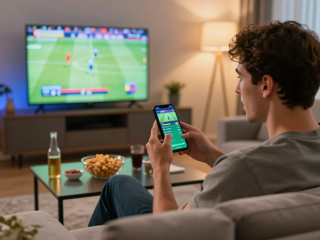 Winbd app being used for sports betting on a smartphone during an exciting game