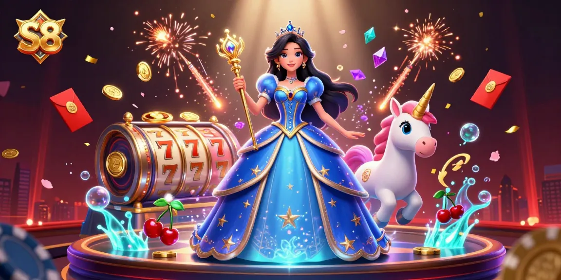 Engage in thrilling S8 slot gaming with a glamorous scene featuring a royal character and unicorn!
