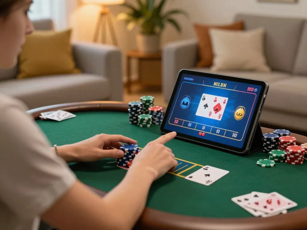 Engaging online gameplay at home with poker strategies using trang chu 789win during a cozy evening.