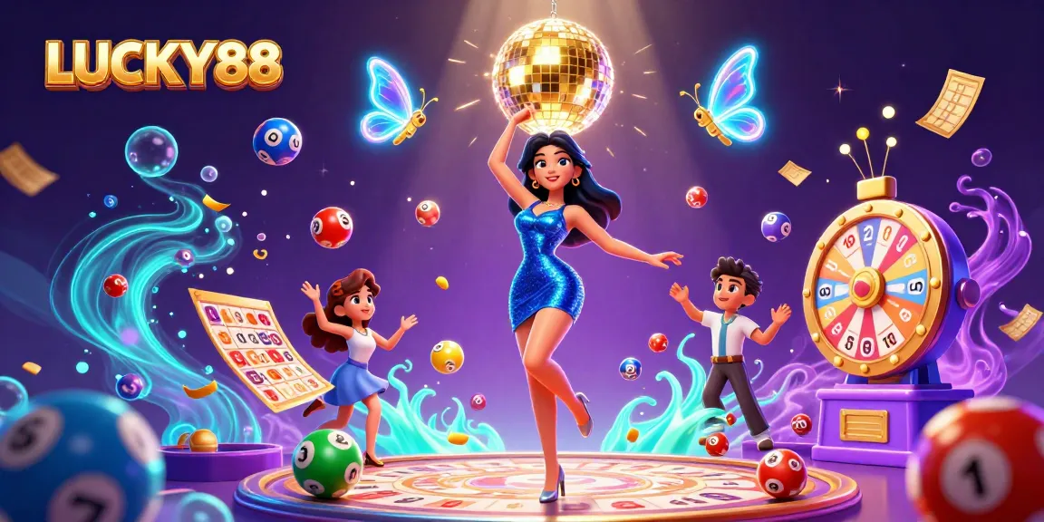 Experience thrilling gameplay with LUCKY88 as colorful lottery elements and a glamorous character come to life.