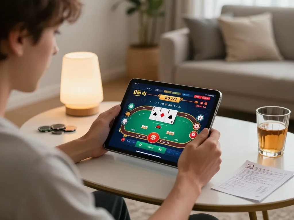 Engaged player enjoying the Win678 com online casino on a tablet in a cozy home setting