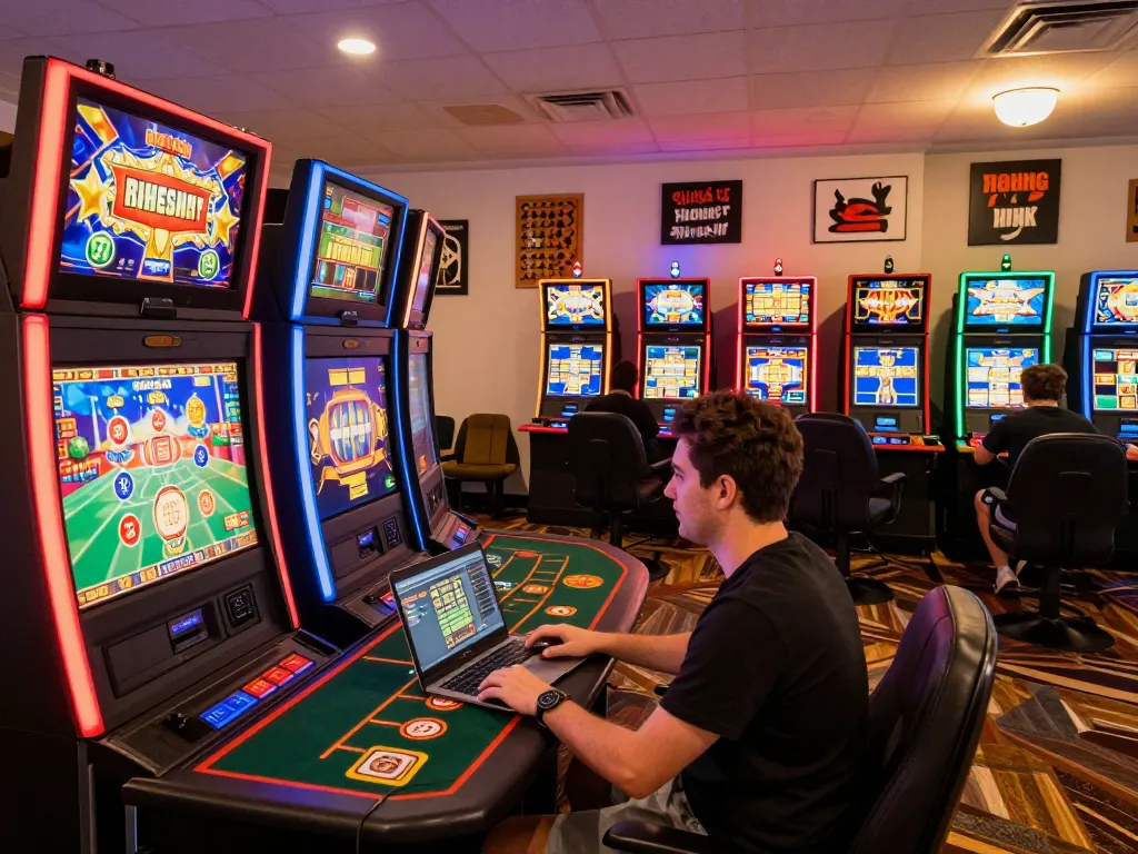 Engaging in dynamic online casino gaming at FC88 with vibrant slot machines glowing in the background