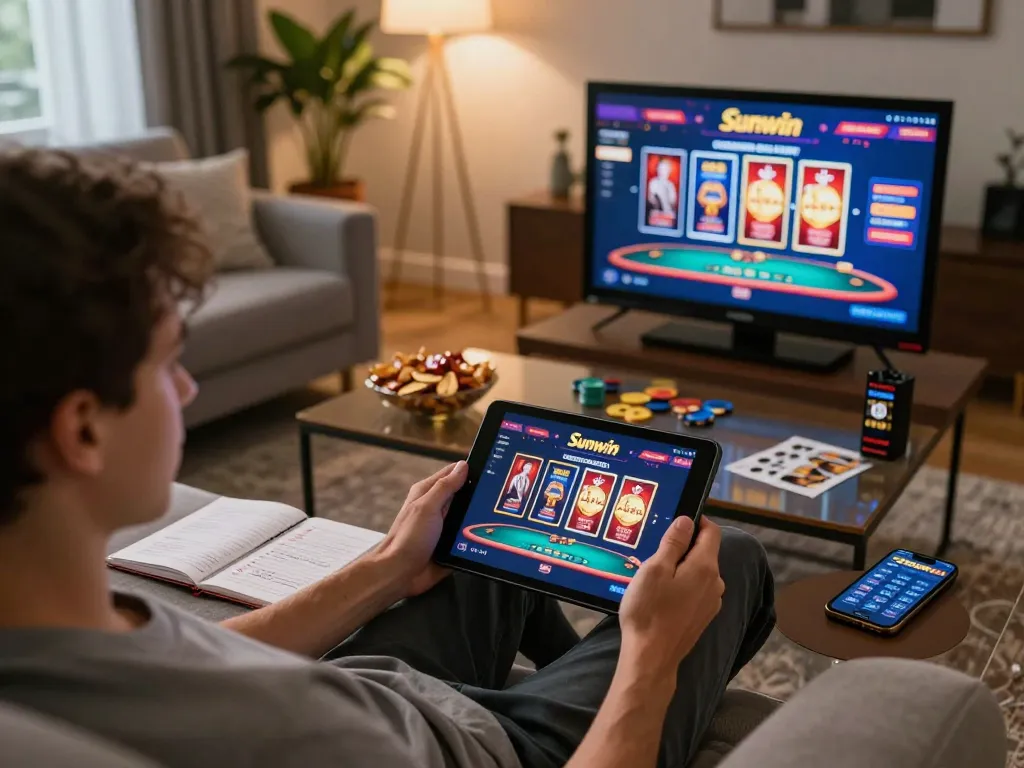 Players enjoying Sunwin's exciting casino games on a tablet from the comfort of home.