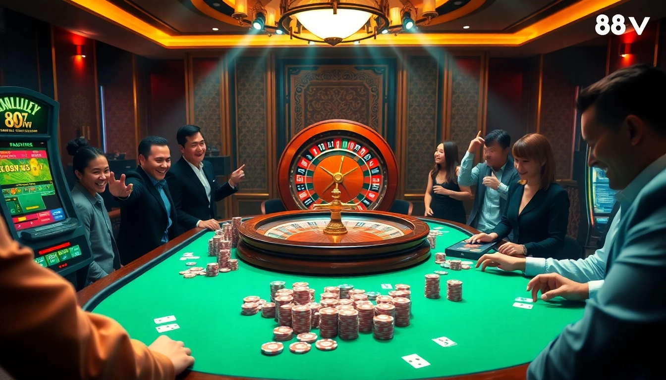 Players engaging in an intense poker game at 88vv casino, showcasing excitement and strategy.