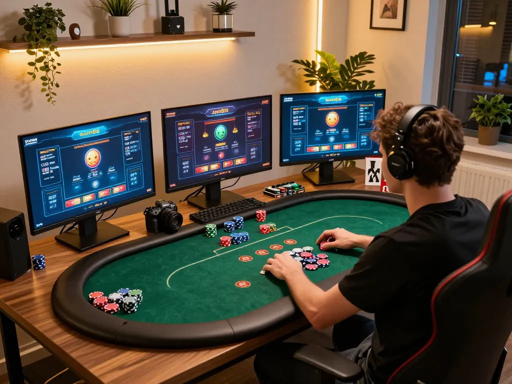 Players engaging with sam86 online casino interface during an exciting poker game at home