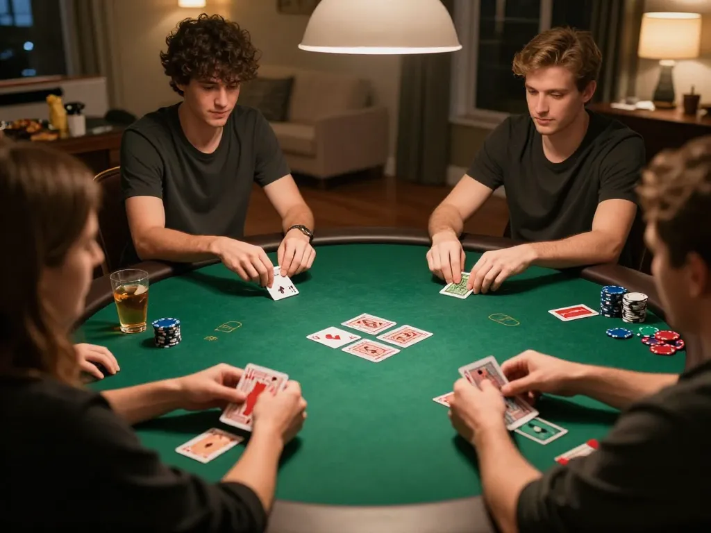 Fly88 poker game in a friendly home setting with players engaged in intense gameplay.