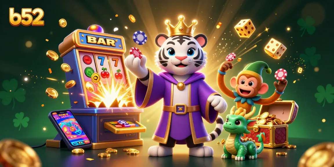 Experience the excitement of the b52club with a vibrant casino scene filled with winning symbols and animated characters.