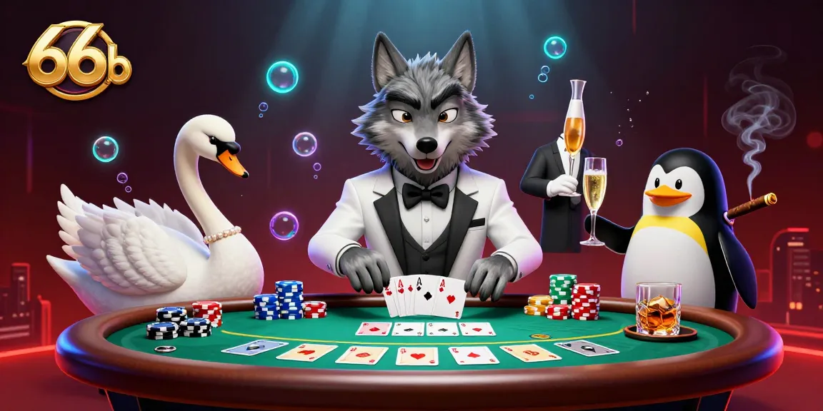 66b showcases a debonair wolf, elegant swan, and penguin sommelier at a dynamic baccarat table