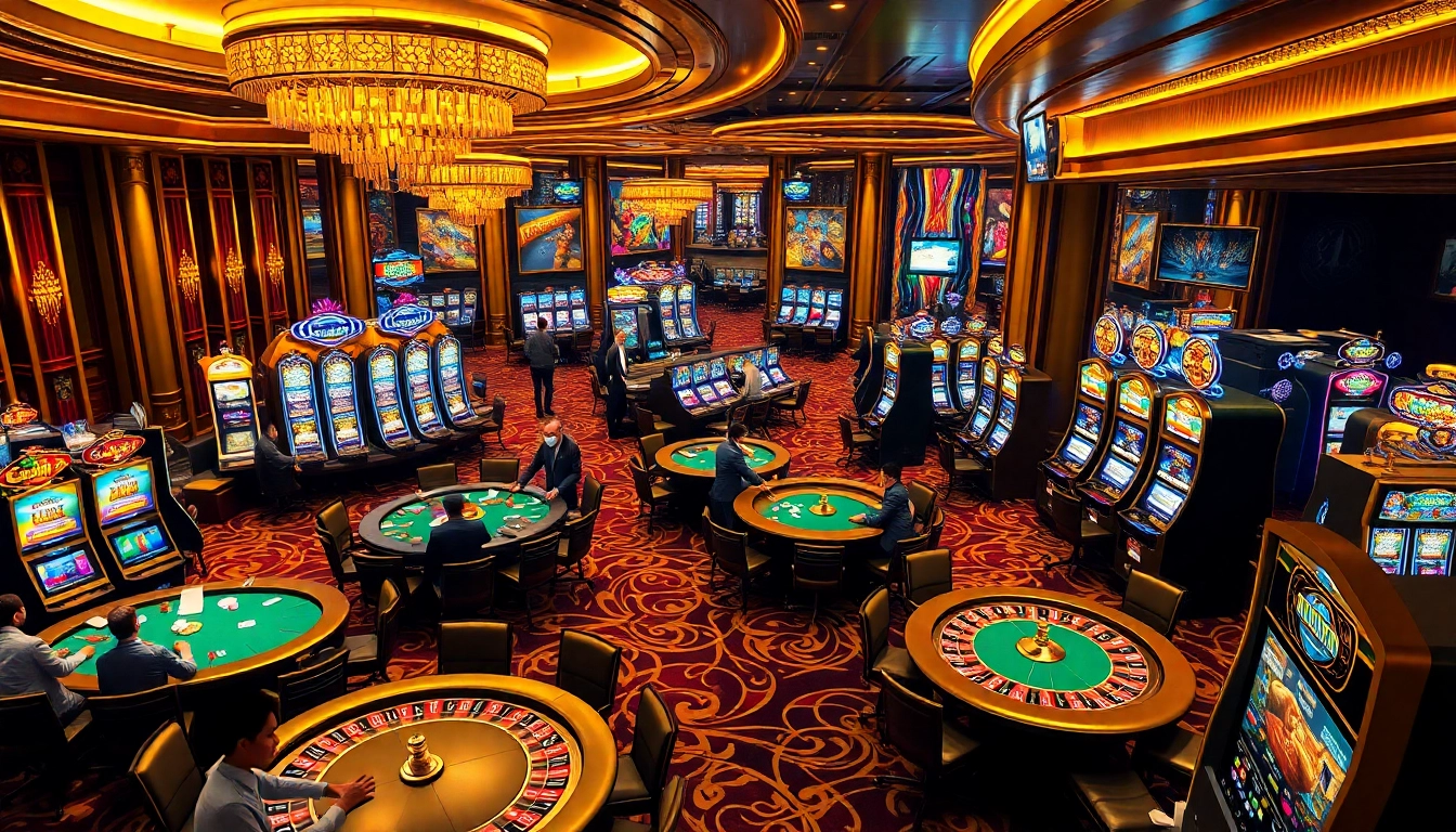 Exciting gambling atmosphere at a luxurious soibet casino with vibrant gaming tables and slots.