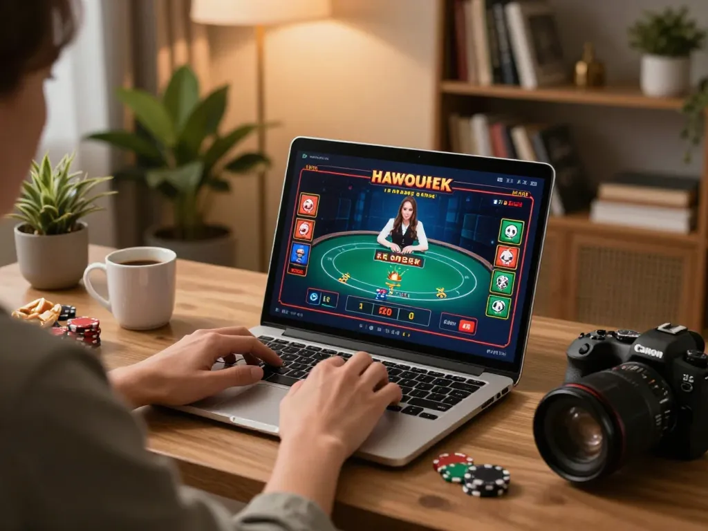 Engaging in online casino gaming at https://fabet.credit/ with a laptop in a cozy home setting