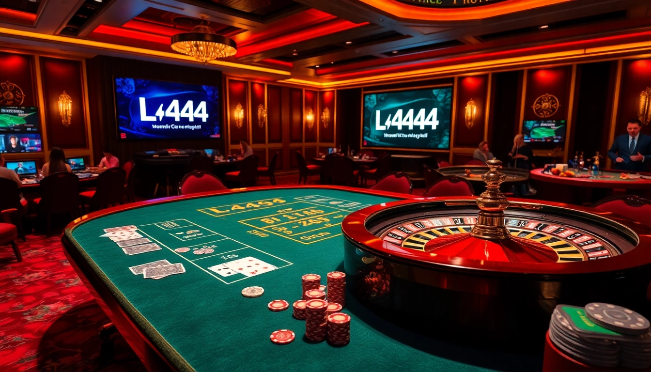 Experience thrilling action at L444's casino games with vibrant cards and roulette excitement.