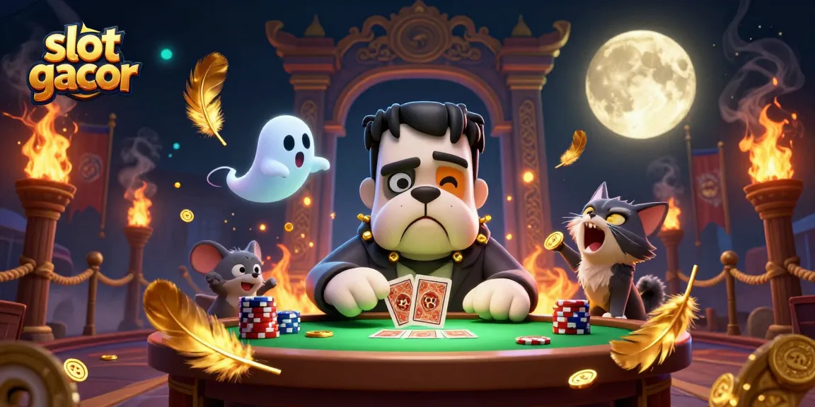Engaging slot gacor scene with a Frankenstein bulldog dealing cards and a ghost mouse amidst vibrant casino elements.