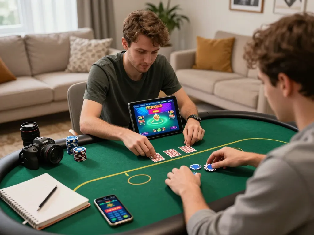Player strategizing for online poker game on FIVE88's platform in cozy home setting.