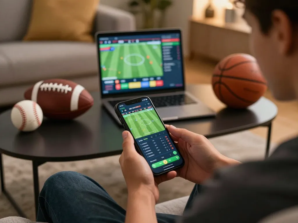 Player placing strategic bets on kp88 app in a cozy home setting, emphasizing online gambling experience.