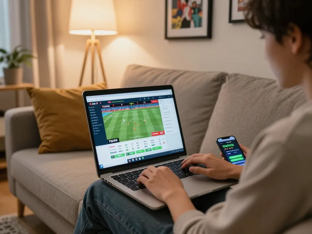 Engage in sports betting at tip88 with a laptop and smartphone in a cozy living room.
