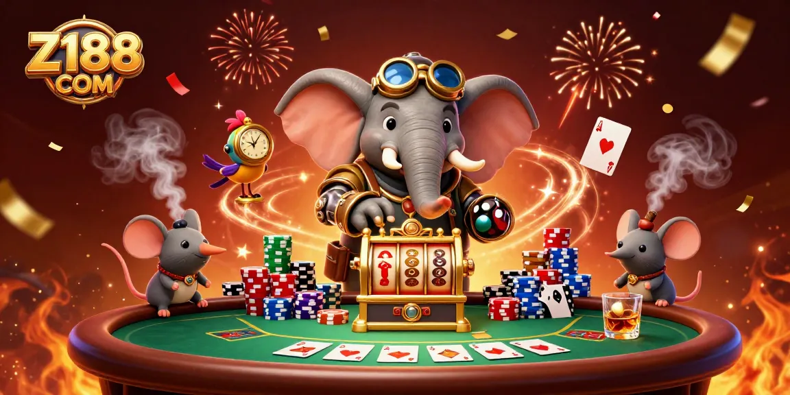 Z188 COM showcases a steampunk elephant engineer winning at the slot machine amidst vibrant casino elements.