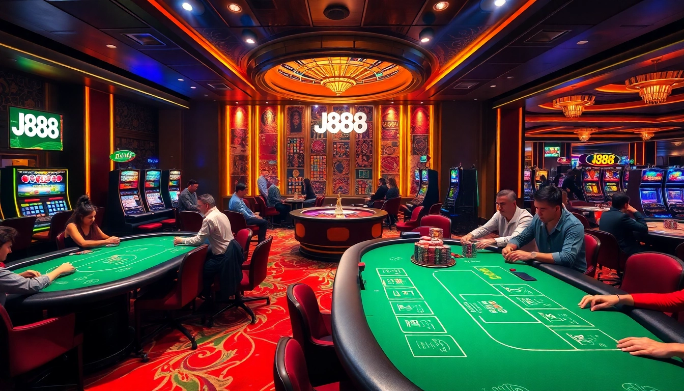 Players enjoying high-stakes games at J88 Casino, showcasing poker tables and slot machines.