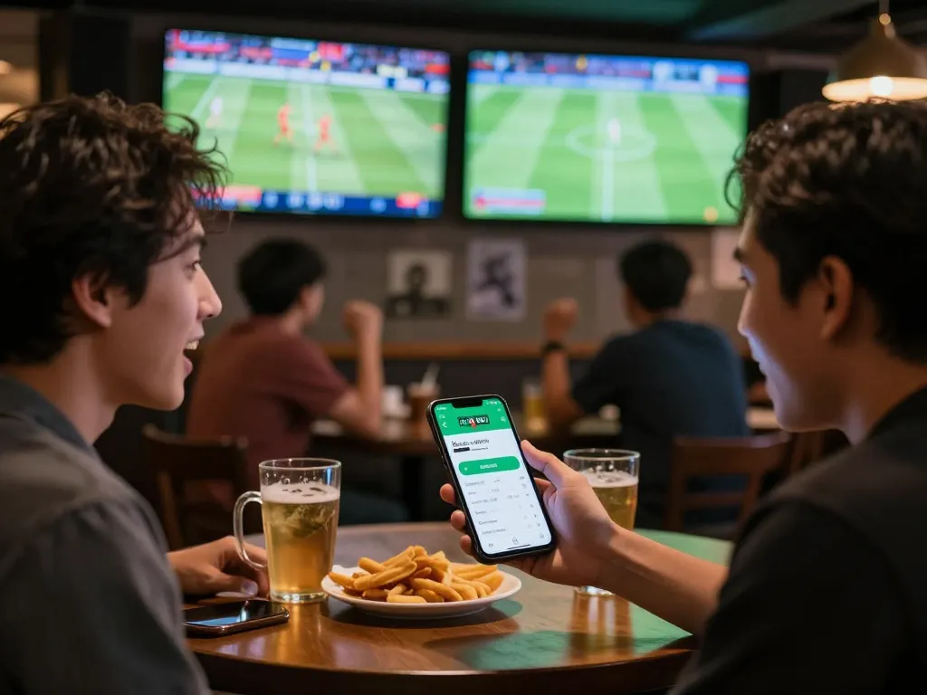 Engaged sports fan confidently placing kèo bóng đá bets on their smartphone while watching a live match in a sports bar atmosphere