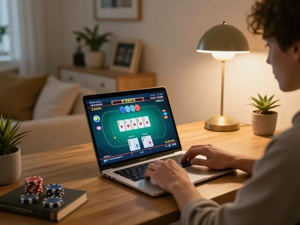 Engaging poker gameplay on vipwin2 platform from a cozy home setup, showcasing online casino experience