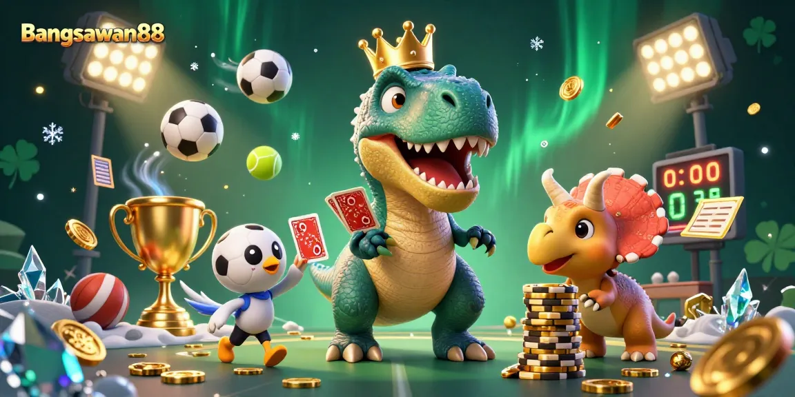 Bangsawan88 showcases a vibrant gambling scene with a friendly T-Rex dealing cards and a pterodactyl assistant.
