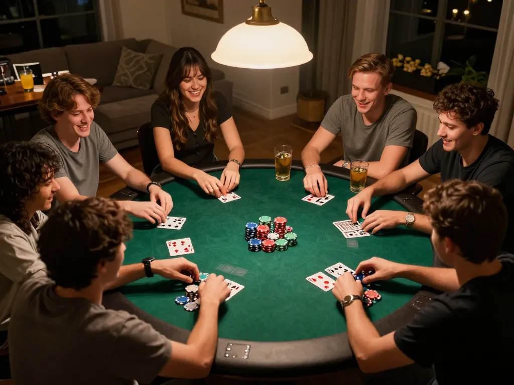 Engaging in a lively poker game at home, showcasing mega888 original download ios experience with friends.