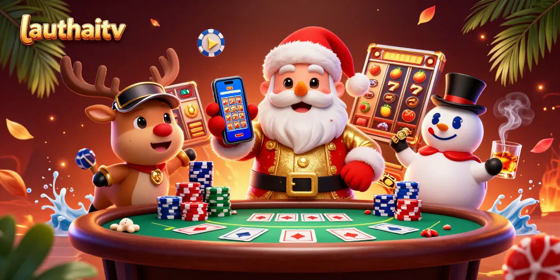 Join lauthaitv's friendly Santa Claus and friends celebrating a jackpot in a vibrant casino scene.