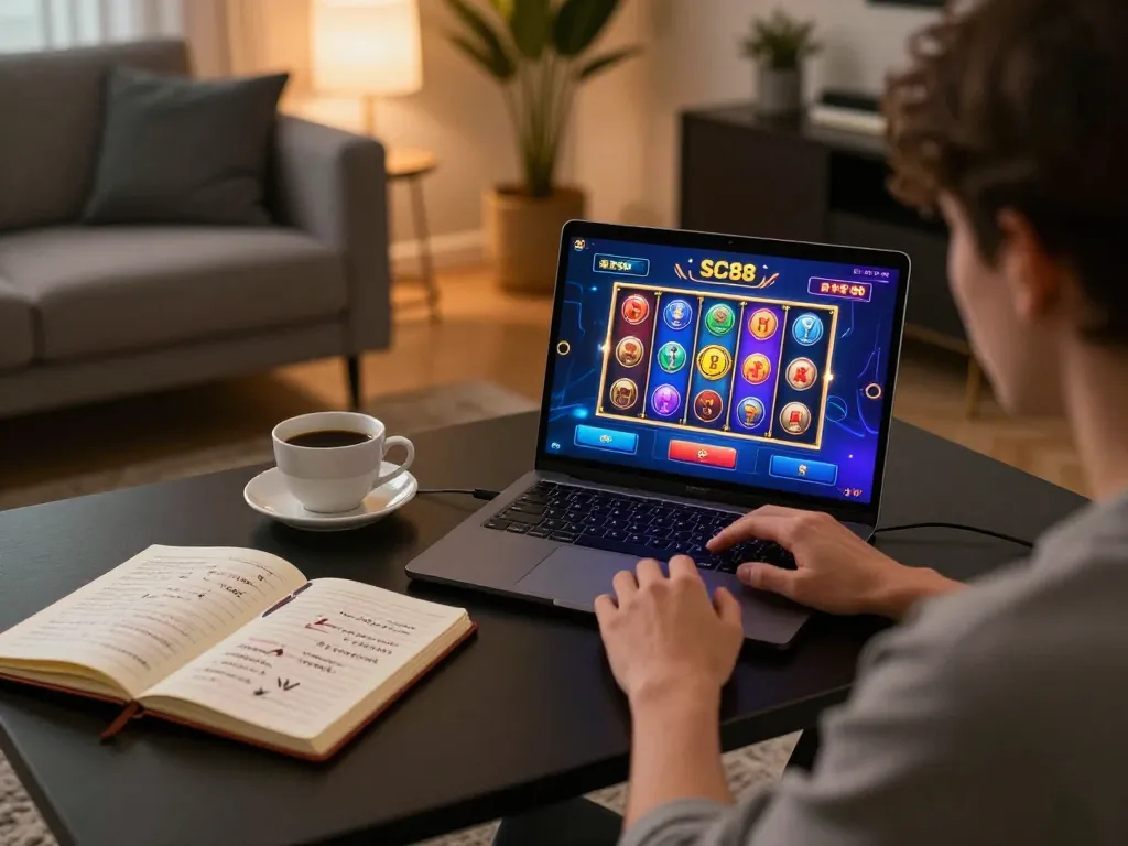 Person enjoying SC88 online casino gameplay on a laptop in a cozy home setting.
