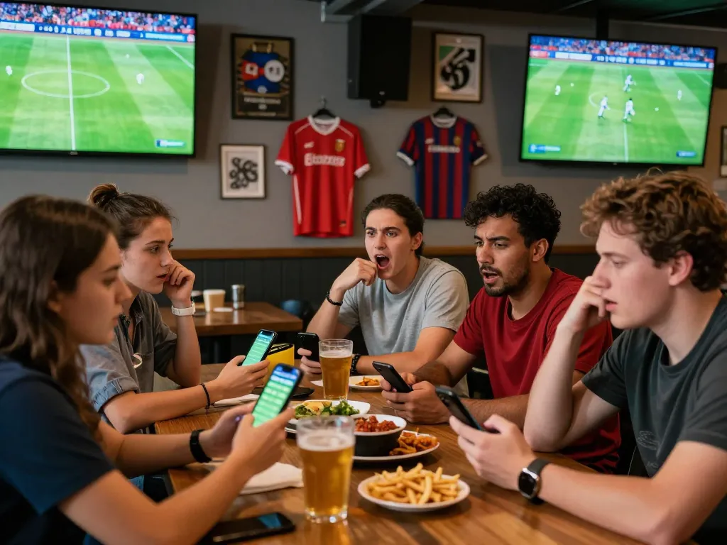 Excited group betting on soccer matches with kèo nhà cái apps at a sports bar