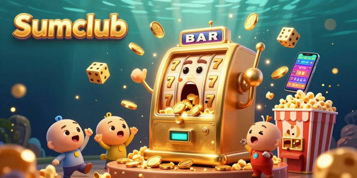 Experience the excitement of Sumclub as a golden slot machine celebrates its jackpot victory amidst a vibrant casino atmosphere.