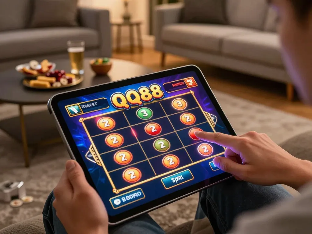 Engaging online gaming experience on QQ88 mobile app, highlighting user interaction with vibrant slots interface.