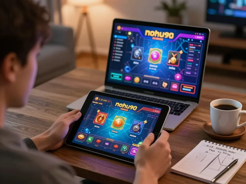 Player placing bets on the nohu90 gaming platform from a cozy home setup, showcasing strategic gaming.