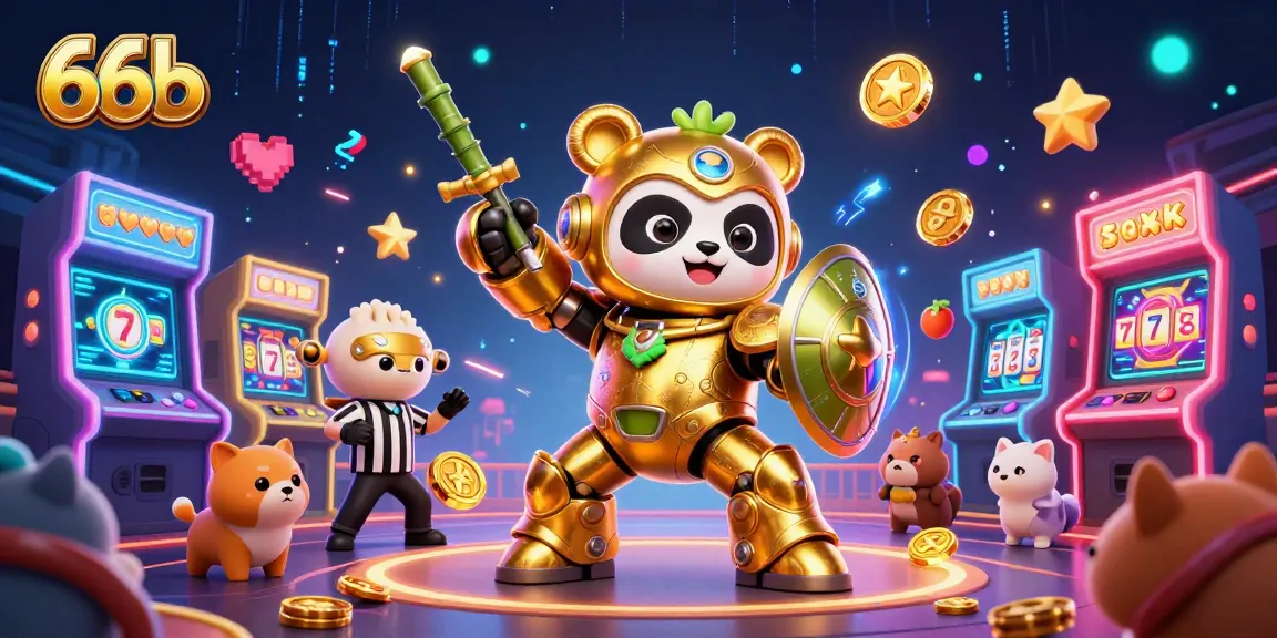 Join the action at 66b with vibrant visuals of a casino battle featuring arcade machines and golden rewards.
