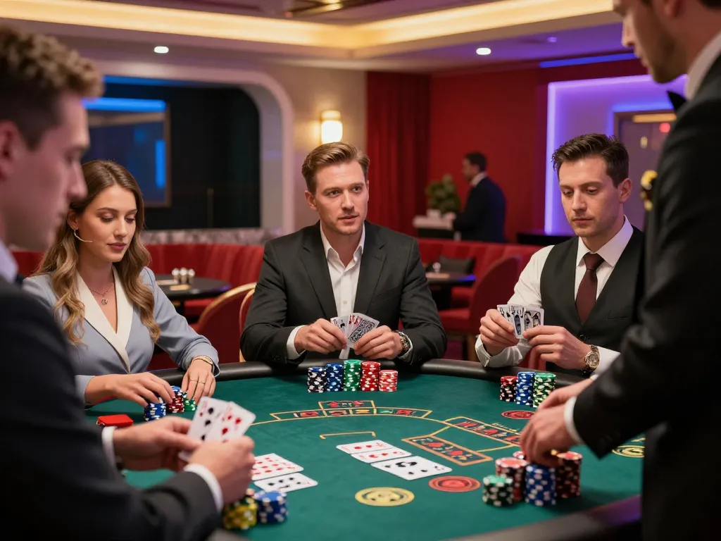 Engaged players at a blackjack table analyze their hands in a thrilling 7m casino atmosphere.